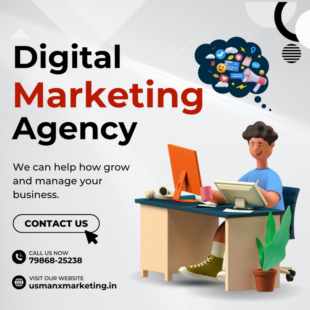 A flat poster design featuring graph charts, laptops, mobile devices, social media logos, and SEO indicators