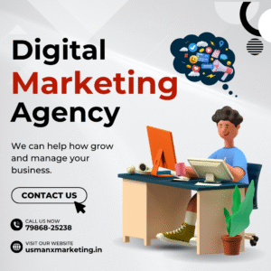 A flat poster design featuring graph charts, laptops, mobile devices, social media logos, and SEO indicators