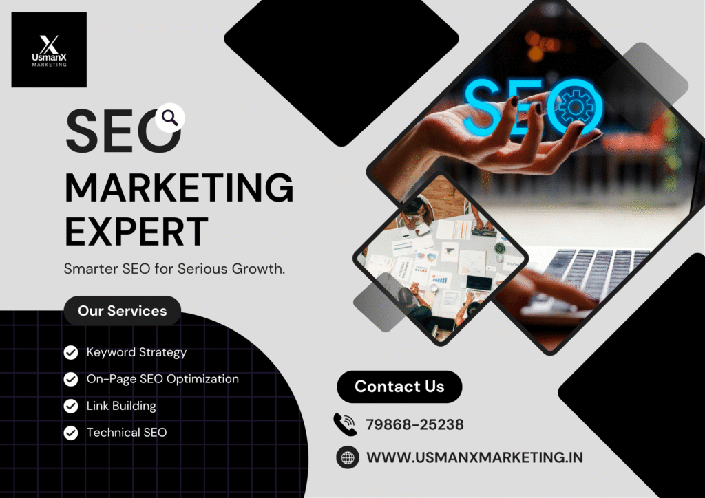 Search bar, keywords, graphs, and labels for SEO services are shown in a flat design.