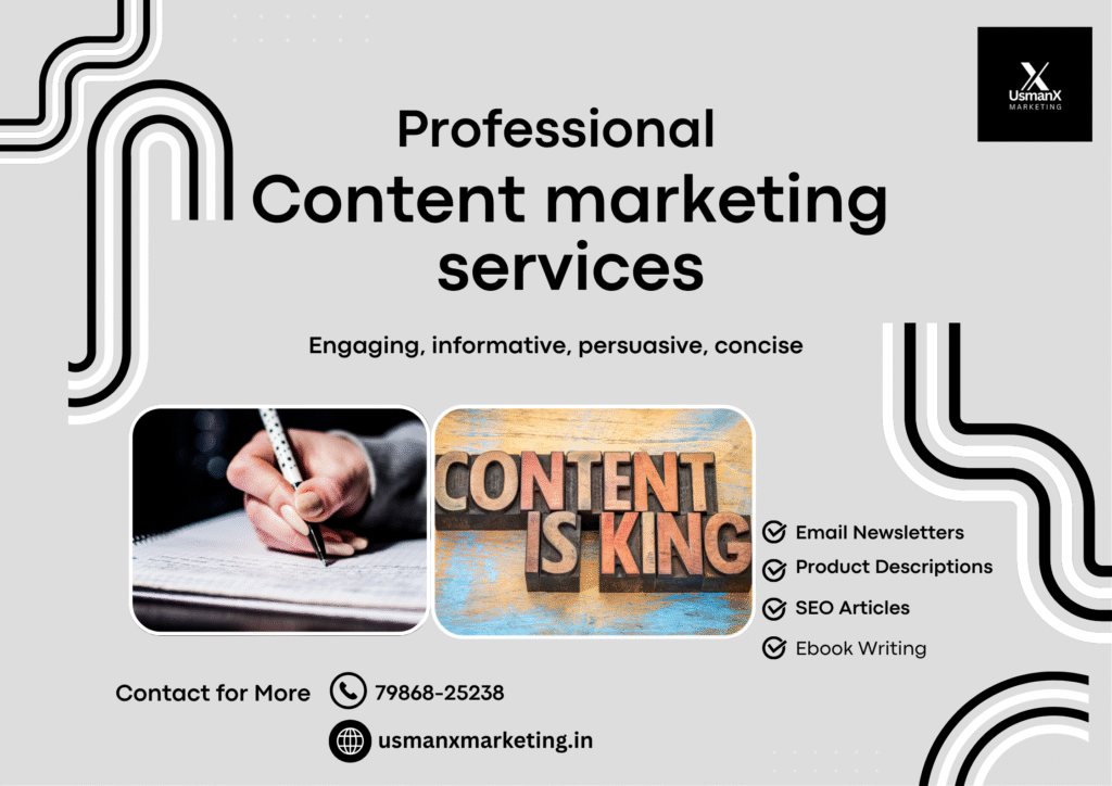 Content icons such as blog, video, document, and share symbols are included in a flat style