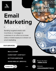 An email icon with a flat design that includes list symbols, message bubbles, and open rate indicators