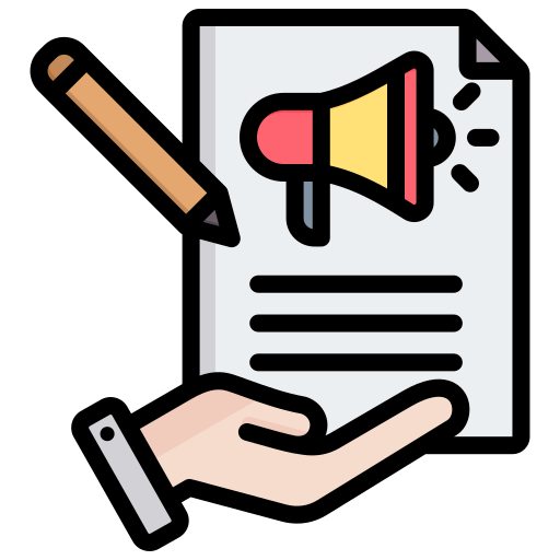 An icon representing the creation and distribution of content that displays a document, pencil, or megaphone