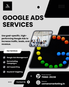Targeted audience images, click symbols, and the Google Ads dashboard are shown in a flat design