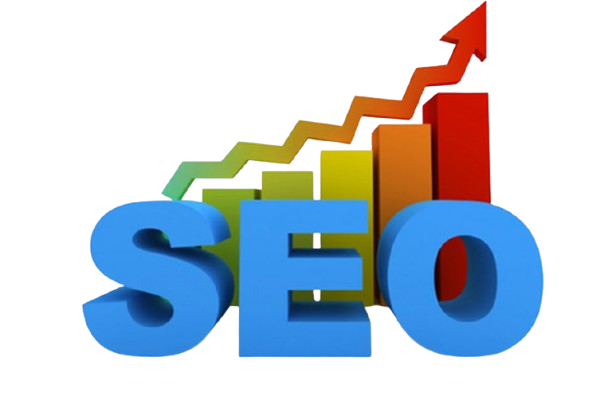 An icon that represents search optimization with an upward arrow, magnifying glass, and the words "SEO"