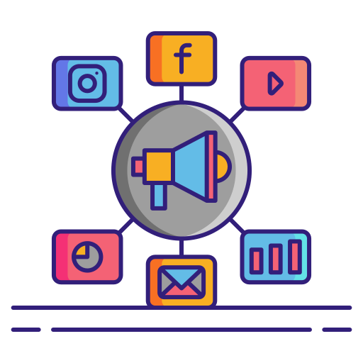 Icon with a megaphone and social media icons like Facebook, Instagram, and Twitter
