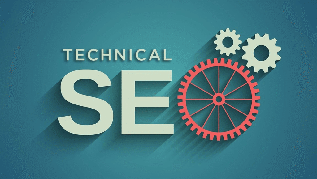 The phrase "Technical SEO" is illustrated with gear icons that stand for website structure and backend optimization.