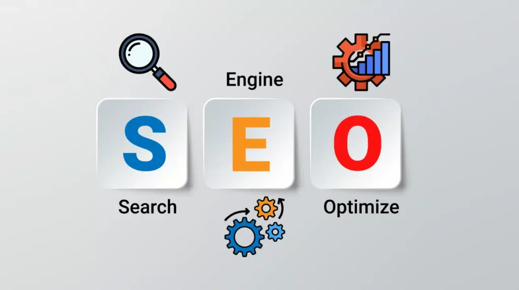An SEO concept that symbolizes website optimization with a magnifying glass, gear, and upward arrow