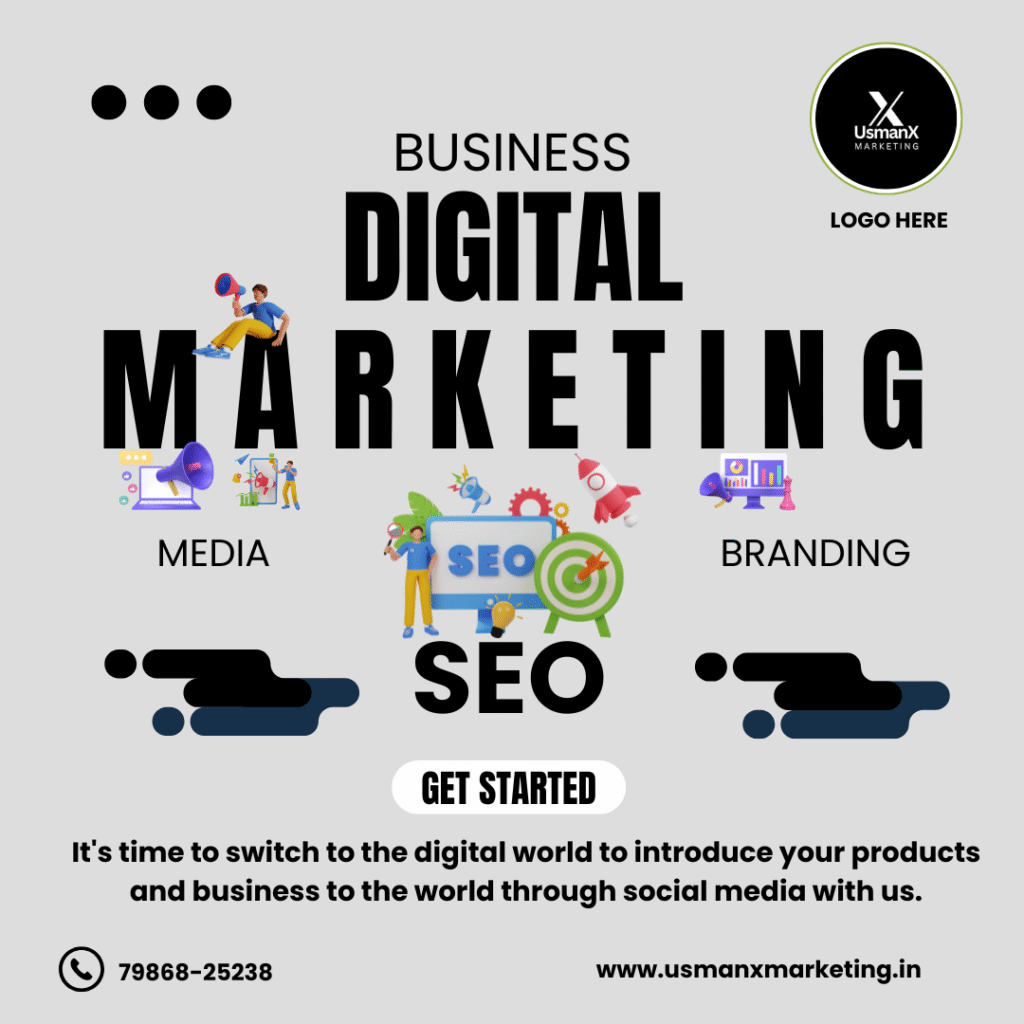 Usmanxmarketing's promotional banner with the call to action "Get Started" highlights their digital marketing services, which include branding, media, and SEO.