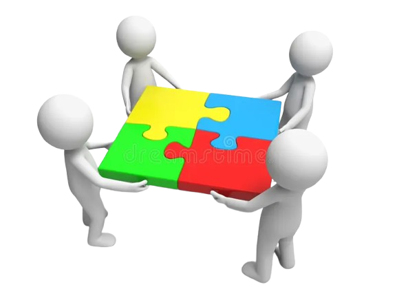 Four 3D humanoid characters working together to hold multicolored puzzle pieces that are connected, signifying cooperation and strategic development.