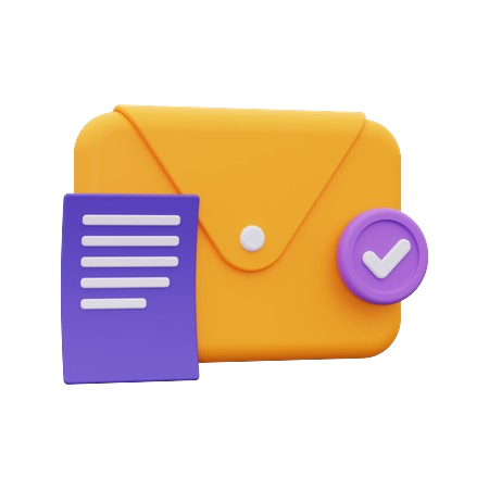 A three-dimensional email marketing icon featuring a document and checkmark