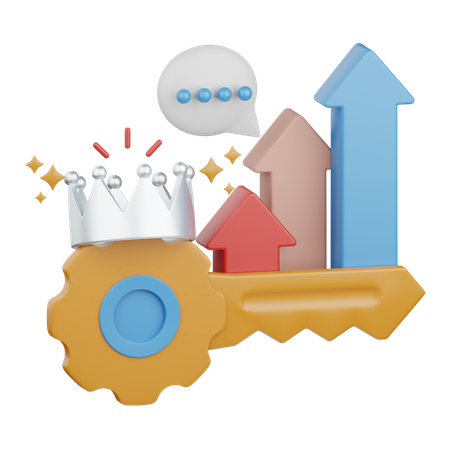 A 3D picture of a gear representing leadership and growth with a crown and ascending arrows