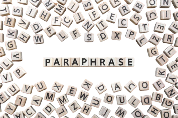 Spelling the word "Paraphrase" with random letters encircling scrabble-like tiles