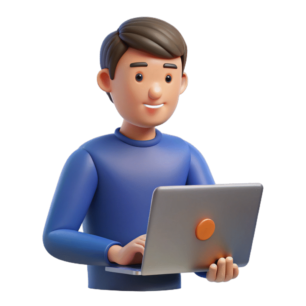 A laptop held by a 3D figure symbolizes the strategy and execution of digital marketing.